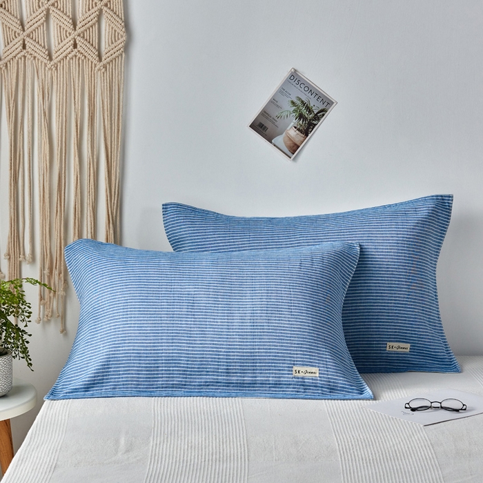 朴尔家纺-毛巾被2025新款日式简约条纹全棉三层纱布枕巾 简约条纹枕巾-深蓝-52*78一对