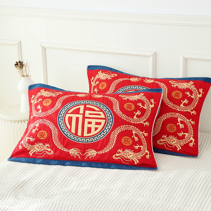 91家纺网 家纺一手货源 找家纺 （总）朴尔家纺-毛巾被2025新款全棉加厚八层纱布喜庆民族风婚庆系列枕巾