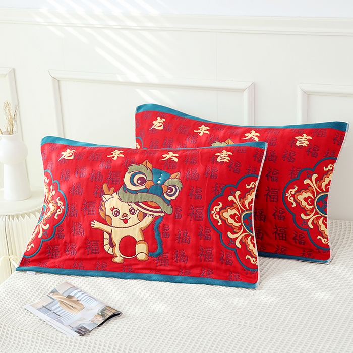 91家纺网 家纺一手货源 找家纺 （总）朴尔家纺-毛巾被2025新款全棉加厚八层纱布喜庆民族风婚庆系列枕巾