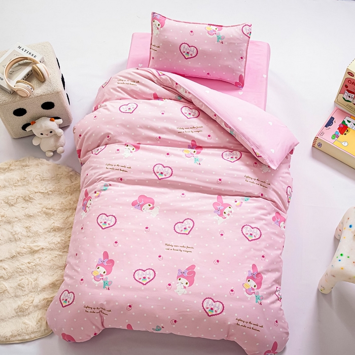 91家纺网 家纺一手货源 找家纺 吉咪兔 2025新款正版三丽鸥库洛米美乐蒂幼儿园被子三件套纯棉被褥六件套午睡爱心美乐蒂