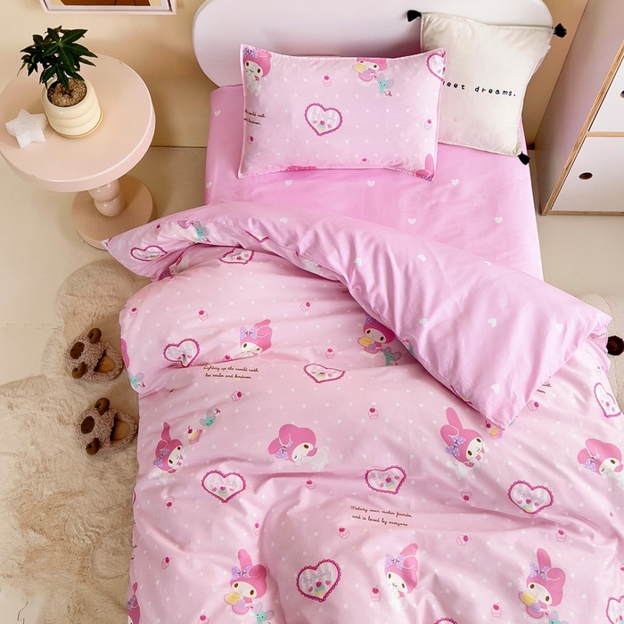 91家纺网 家纺一手货源 找家纺 吉咪兔 2025新款正版三丽鸥库洛米美乐蒂幼儿园被子三件套纯棉被褥六件套午睡爱心美乐蒂