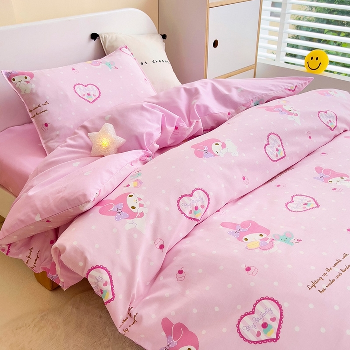91家纺网 家纺一手货源 找家纺 吉咪兔 2025新款正版三丽鸥库洛米美乐蒂幼儿园被子三件套纯棉被褥六件套午睡爱心美乐蒂
