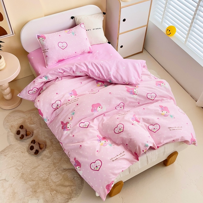 91家纺网 家纺一手货源 找家纺 吉咪兔 2025新款正版三丽鸥库洛米美乐蒂幼儿园被子三件套纯棉被褥六件套午睡爱心美乐蒂