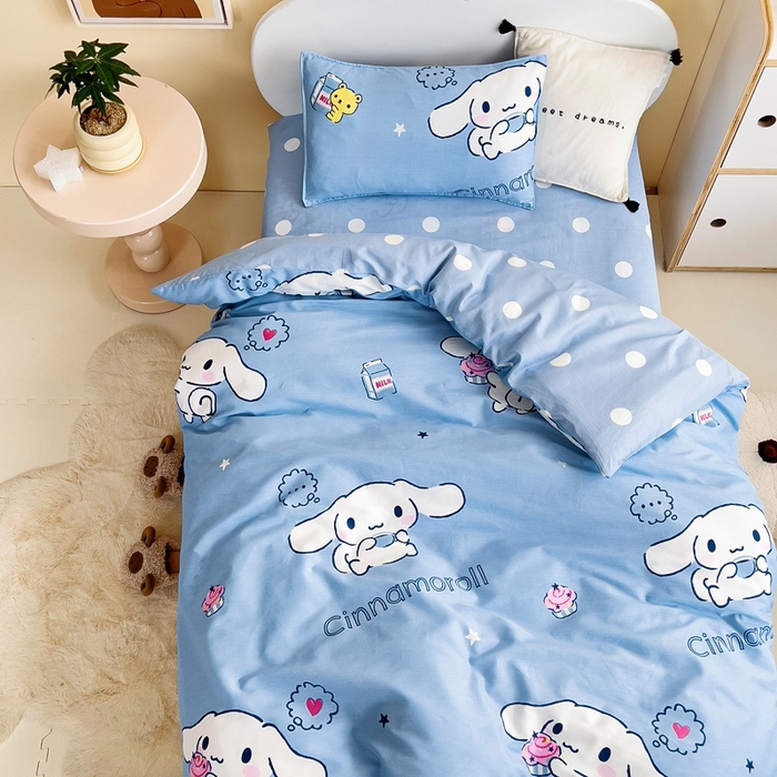 91家纺网 家纺一手货源 找家纺 吉咪兔 2025新款正版三丽鸥库洛米美乐蒂幼儿园被子三件套纯棉被褥六件套午睡调皮玉桂狗