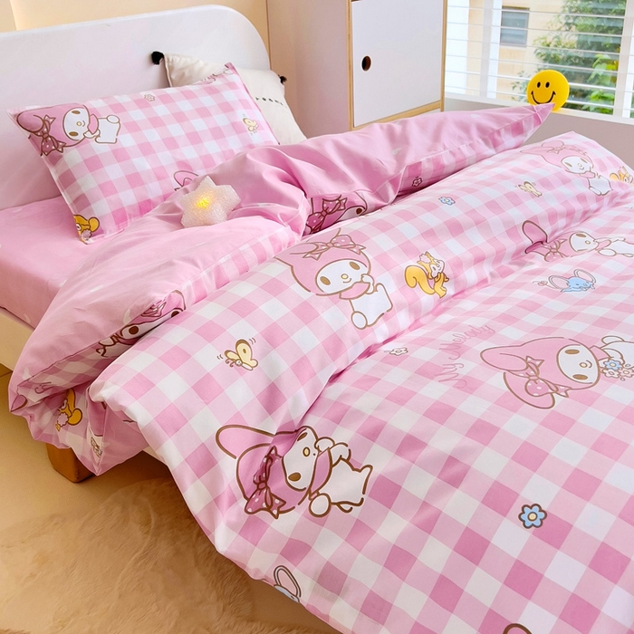 91家纺网 家纺一手货源 找家纺 吉咪兔 2025新款正版三丽鸥库洛米美乐蒂幼儿园被子三件套纯棉被褥六件套午睡粉格美乐蒂