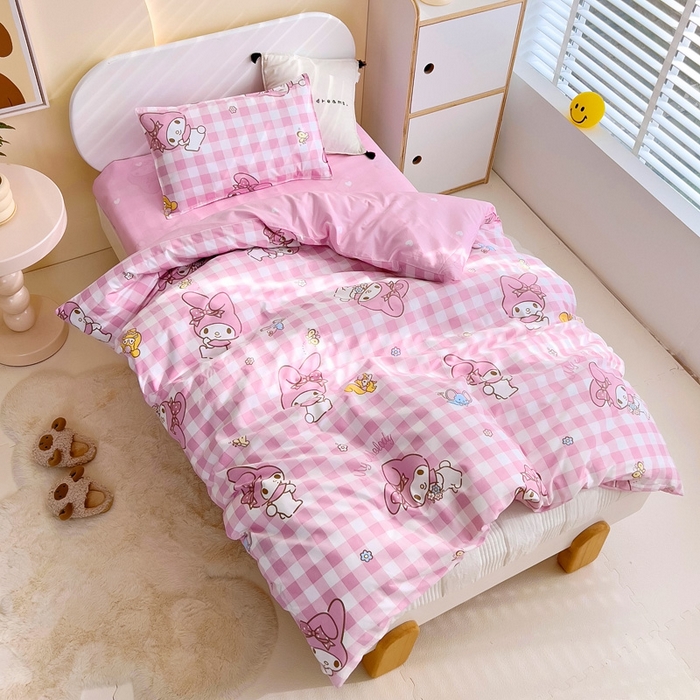 91家纺网 家纺一手货源 找家纺 吉咪兔 2025新款正版三丽鸥库洛米美乐蒂幼儿园被子三件套纯棉被褥六件套午睡粉格美乐蒂
