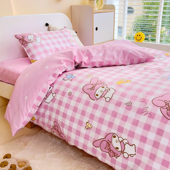 91家纺网 家纺一手货源 找家纺 吉咪兔 2025新款正版三丽鸥库洛米美乐蒂幼儿园被子三件套纯棉被褥六件套午睡粉格美乐蒂