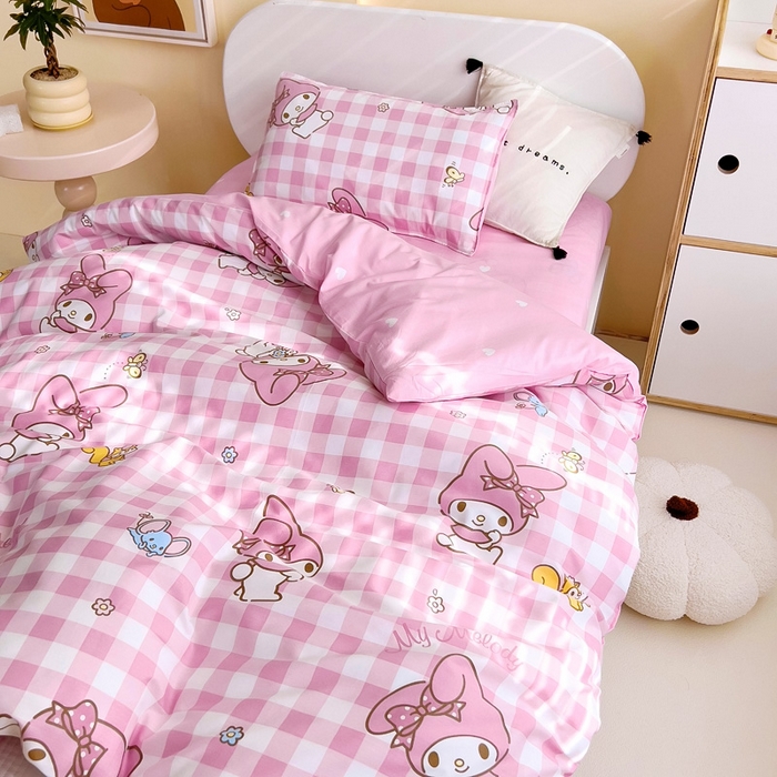 91家纺网 家纺一手货源 找家纺 吉咪兔 2025新款正版三丽鸥库洛米美乐蒂幼儿园被子三件套纯棉被褥六件套午睡粉格美乐蒂