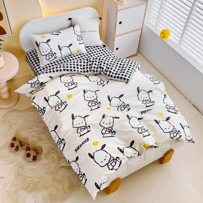 91家纺网 家纺一手货源 找家纺 吉咪兔 2025新款正版三丽鸥库洛米美乐蒂幼儿园被子三件套纯棉被褥六件套午睡黑白帕恰狗