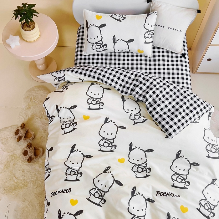 91家纺网 家纺一手货源 找家纺 吉咪兔 2025新款正版三丽鸥库洛米美乐蒂幼儿园被子三件套纯棉被褥六件套午睡黑白帕恰狗