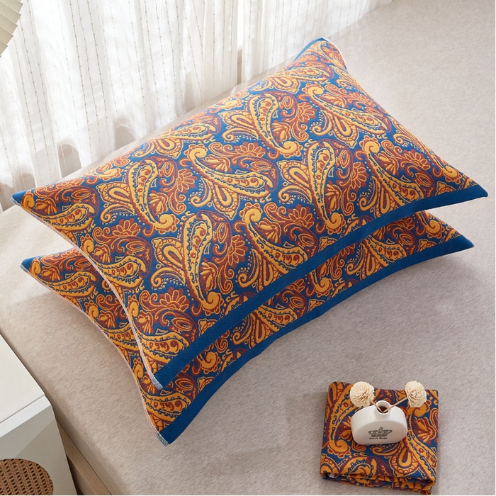 91家纺网 家纺一手货源 找家纺 朴尔家纺-毛巾被2025新款全棉多彩四层纱布枕巾 孔雀翎-红52*78枕巾一对