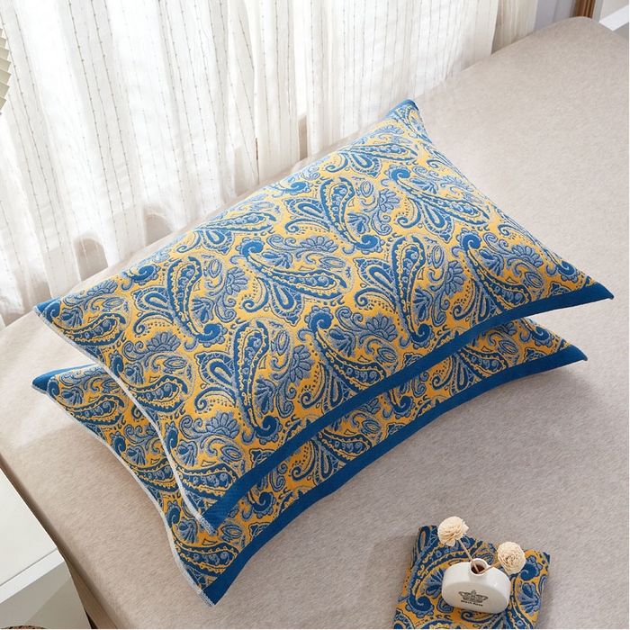 91家纺网 家纺一手货源 找家纺 朴尔家纺-毛巾被2025新款全棉多彩四层纱布枕巾 孔雀翎-蓝52*78枕巾一对