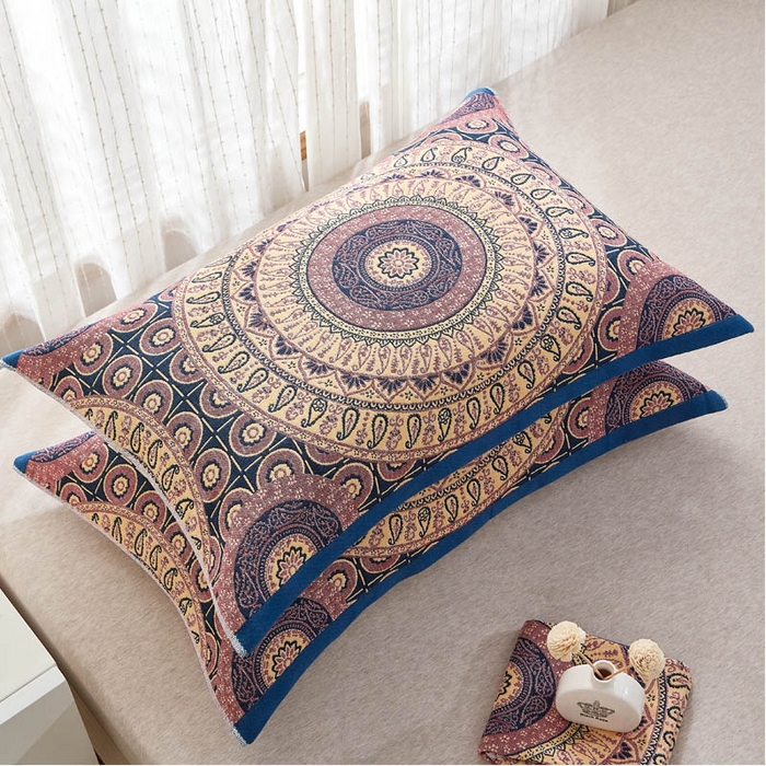 91家纺网 家纺一手货源 找家纺 朴尔家纺-毛巾被2025新款全棉多彩四层纱布枕巾 圈点幻想52*78枕巾一对