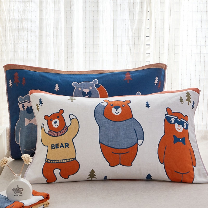 91家纺网 家纺一手货源 找家纺 朴尔家纺-毛巾被2025新款全棉多彩四层纱布枕巾 三只熊-橘52*78枕巾一对