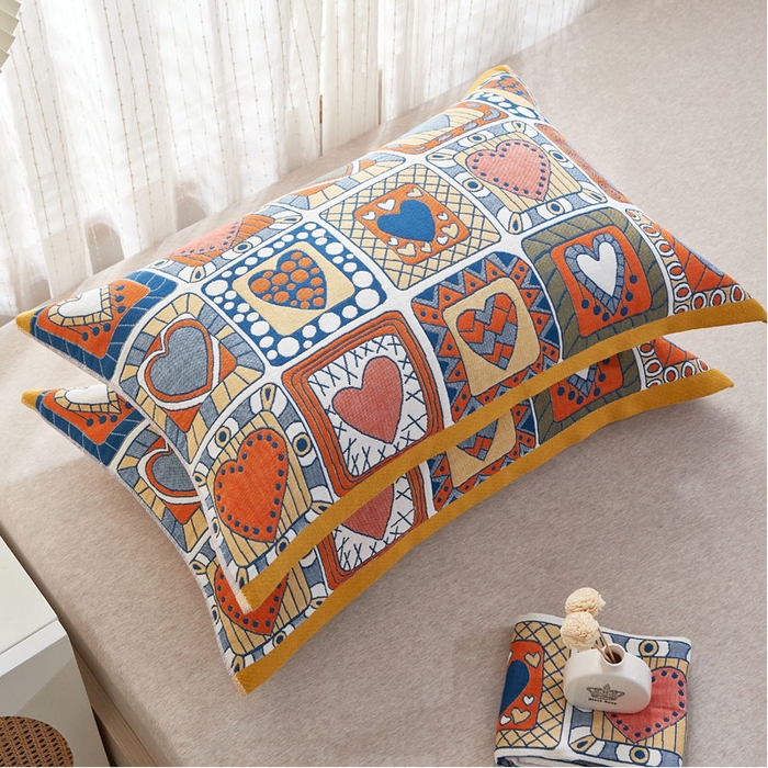 91家纺网 家纺一手货源 找家纺 朴尔家纺-毛巾被2025新款全棉多彩四层纱布枕巾 心心世界52*78枕巾一对