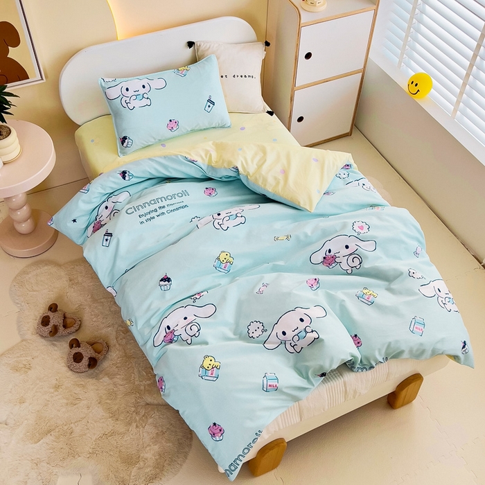 91家纺网 家纺一手货源 找家纺 吉咪兔 2025新款正版三丽鸥库洛米美乐蒂幼儿园被子三件套纯棉被褥六件套午睡牛奶玉桂狗