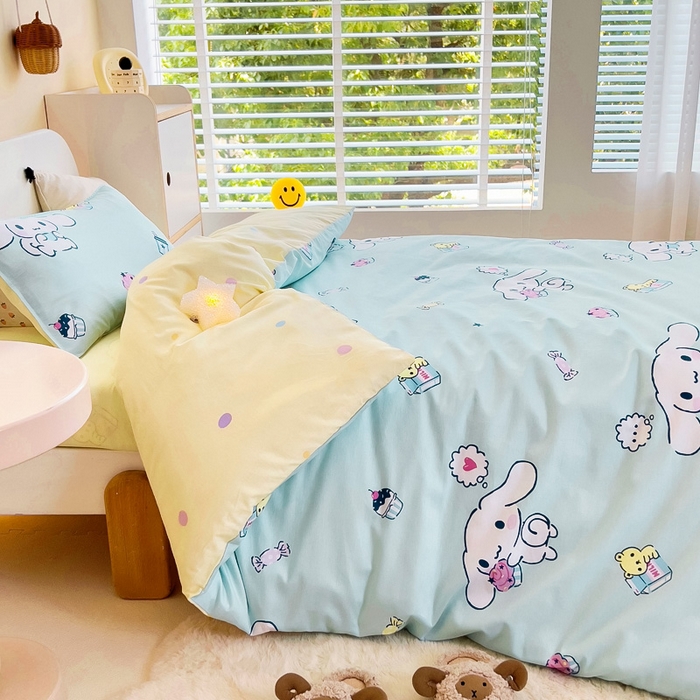 91家纺网 家纺一手货源 找家纺 吉咪兔 2025新款正版三丽鸥库洛米美乐蒂幼儿园被子三件套纯棉被褥六件套午睡牛奶玉桂狗