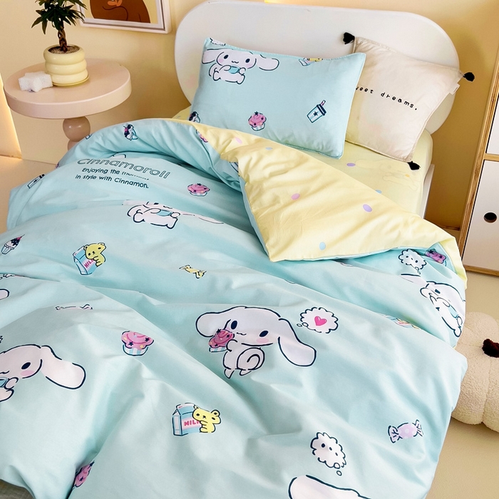 91家纺网 家纺一手货源 找家纺 吉咪兔 2025新款正版三丽鸥库洛米美乐蒂幼儿园被子三件套纯棉被褥六件套午睡牛奶玉桂狗