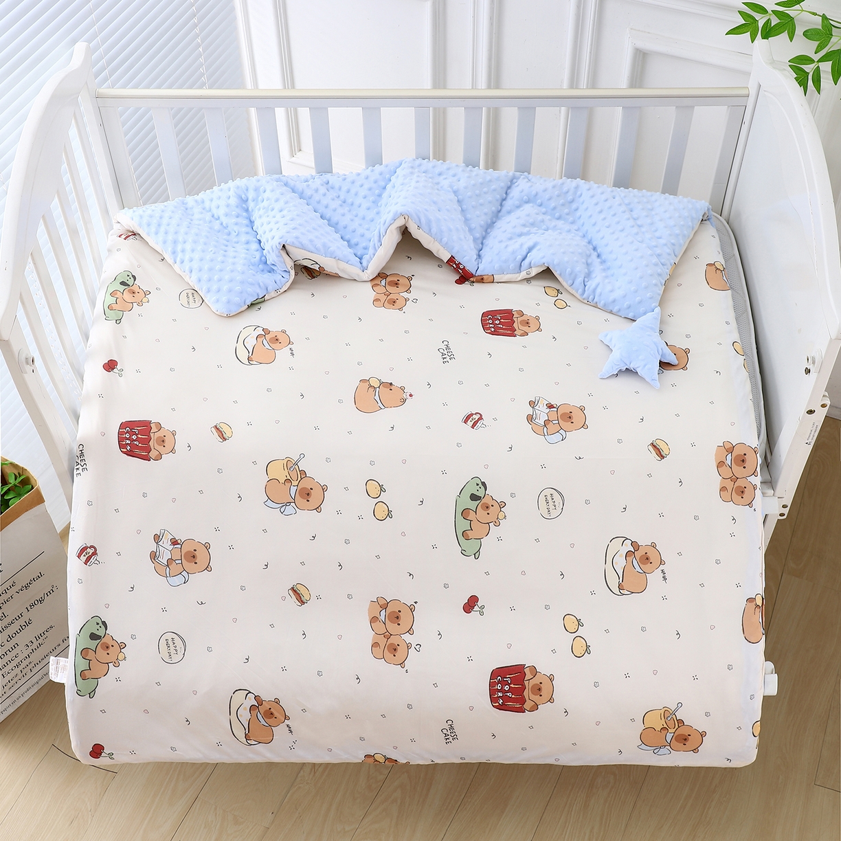 91家纺网 家纺一手货源 找家纺 肖恩毯业 2025秋冬小海星款针织棉宝宝绒豆豆被 卡皮巴拉