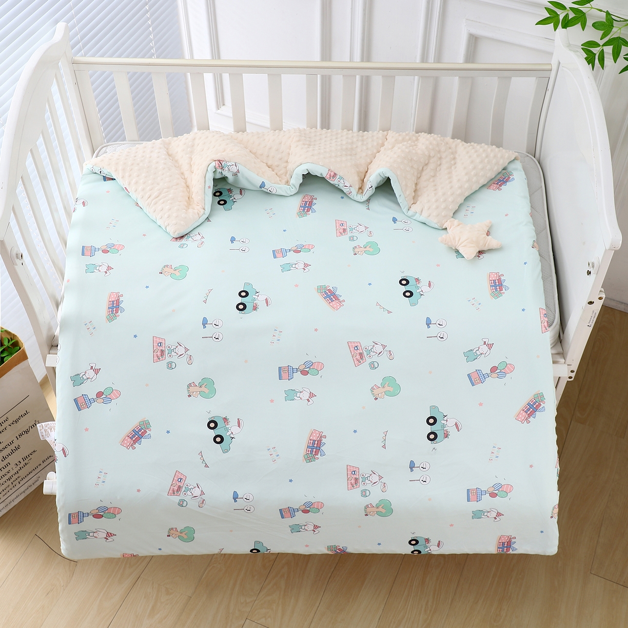 91家纺网 家纺一手货源 找家纺 肖恩毯业 2025秋冬小海星款针织棉宝宝绒豆豆被 萌兔假日