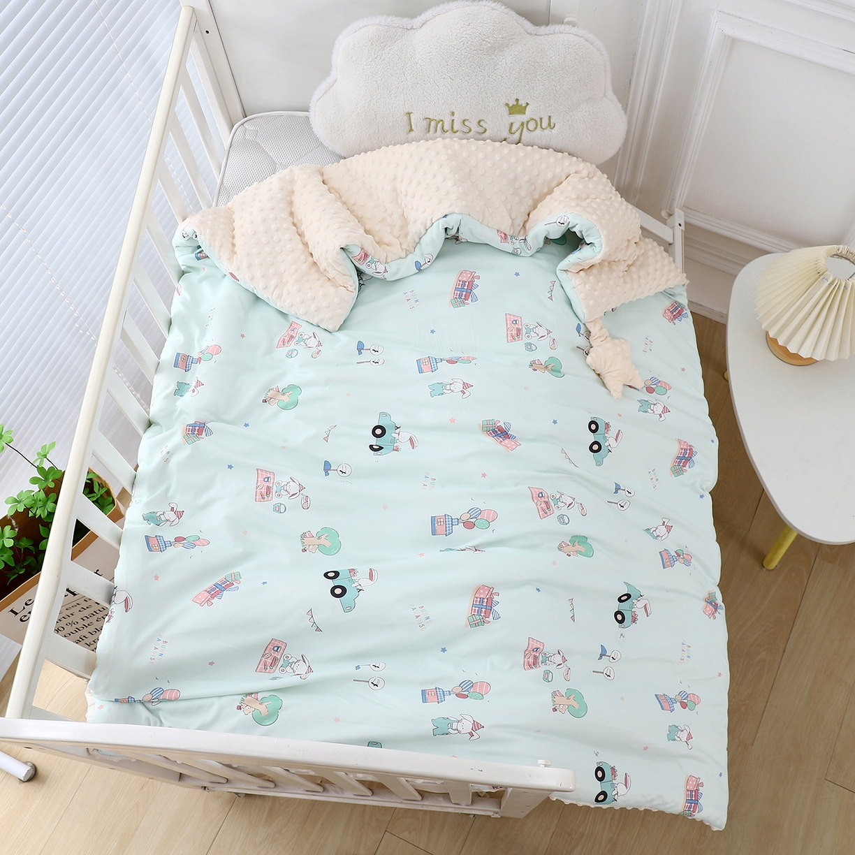 肖恩毯业 2025秋冬小海星款针织棉宝宝绒豆豆被 萌兔假日