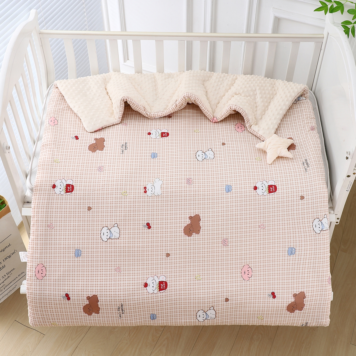 91家纺网 家纺一手货源 找家纺 肖恩毯业 2025秋冬小海星款针织棉宝宝绒豆豆被 小狗卷卷