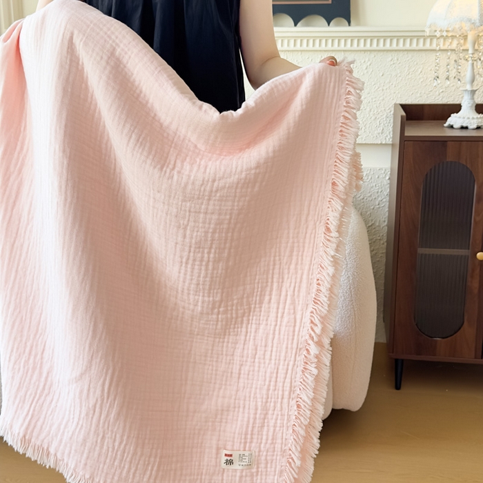 91家纺网 家纺一手货源 找家纺 悦然毛巾被 2025新款全棉纯棉四层纱布流苏毯毛巾被 意境系列 意境-粉