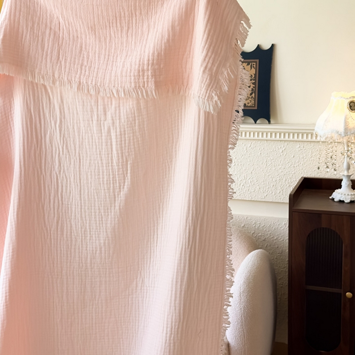 91家纺网 家纺一手货源 找家纺 悦然毛巾被 2025新款全棉纯棉四层纱布流苏毯毛巾被 意境系列 意境-粉