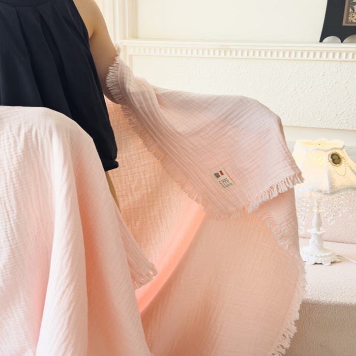 91家纺网 家纺一手货源 找家纺 悦然毛巾被 2025新款全棉纯棉四层纱布流苏毯毛巾被 意境系列 意境-粉