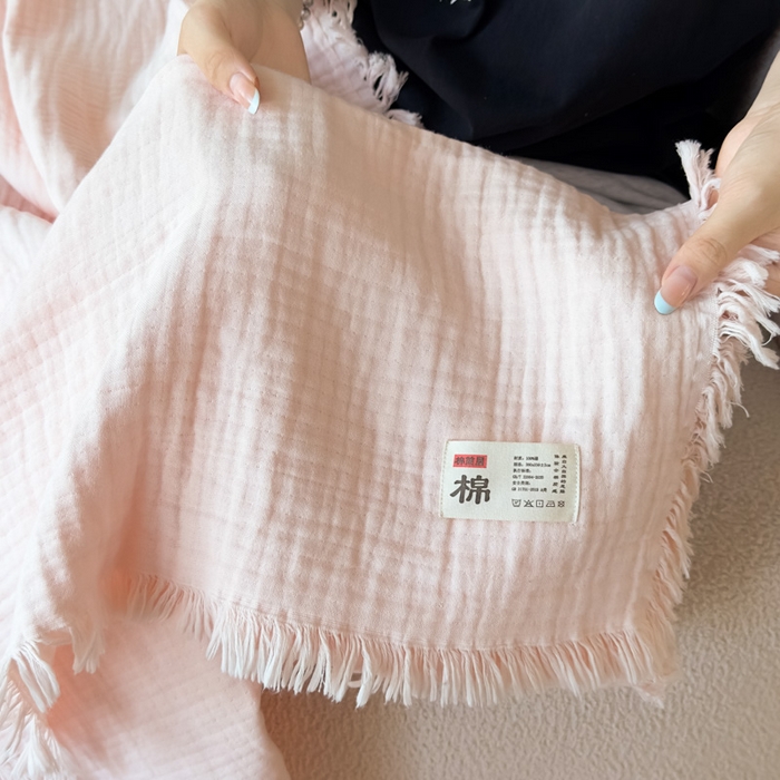 91家纺网 家纺一手货源 找家纺 悦然毛巾被 2025新款全棉纯棉四层纱布流苏毯毛巾被 意境系列 意境-粉
