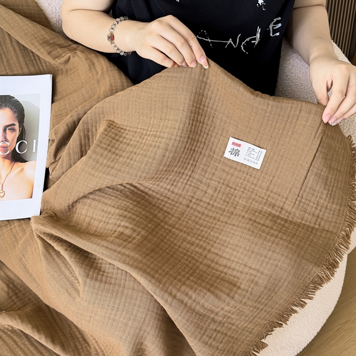 91家纺网 家纺一手货源 找家纺 悦然毛巾被 2025新款全棉纯棉四层纱布流苏毯毛巾被 意境系列 意境-咖