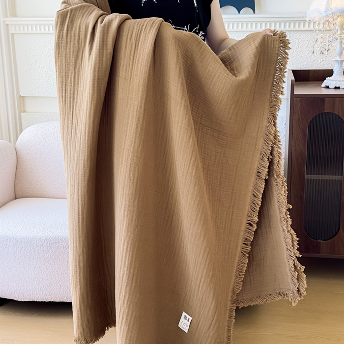 91家纺网 家纺一手货源 找家纺 悦然毛巾被 2025新款全棉纯棉四层纱布流苏毯毛巾被 意境系列 意境-咖