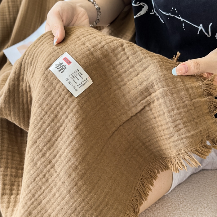 91家纺网 家纺一手货源 找家纺 悦然毛巾被 2025新款全棉纯棉四层纱布流苏毯毛巾被 意境系列 意境-咖