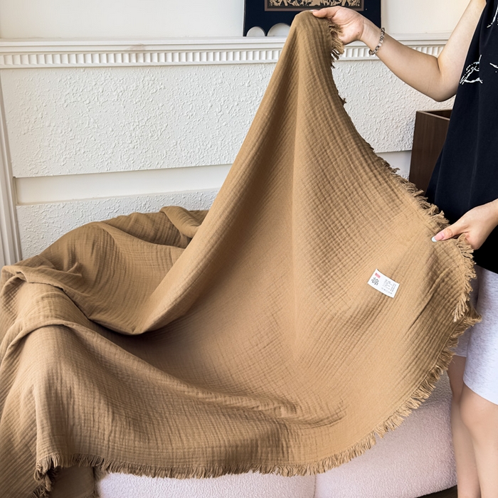 91家纺网 家纺一手货源 找家纺 悦然毛巾被 2025新款全棉纯棉四层纱布流苏毯毛巾被 意境系列 意境-咖