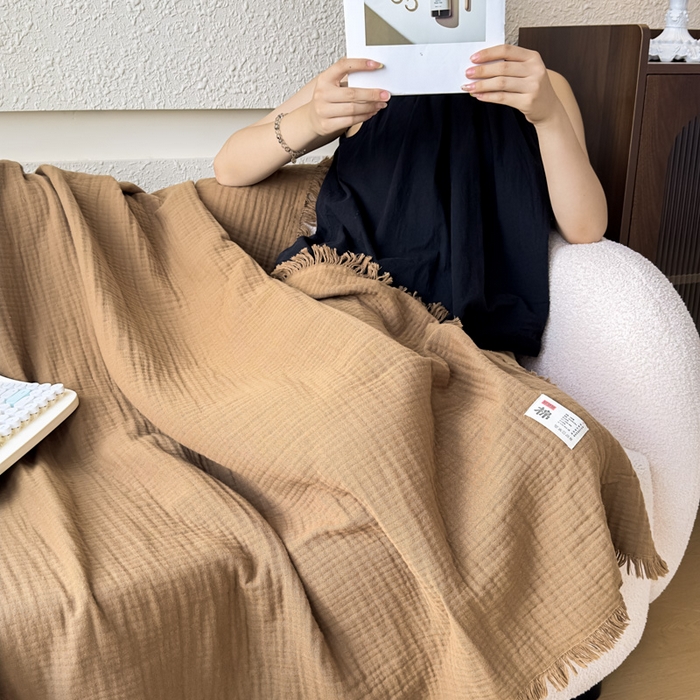 91家纺网 家纺一手货源 找家纺 悦然毛巾被 2025新款全棉纯棉四层纱布流苏毯毛巾被 意境系列 意境-咖