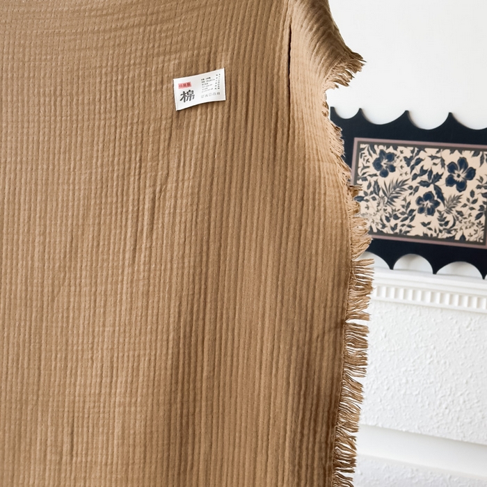 91家纺网 家纺一手货源 找家纺 悦然毛巾被 2025新款全棉纯棉四层纱布流苏毯毛巾被 意境系列 意境-咖