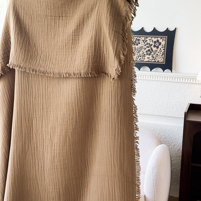 91家纺网 家纺一手货源 找家纺 悦然毛巾被 2025新款全棉纯棉四层纱布流苏毯毛巾被 意境系列 意境-咖