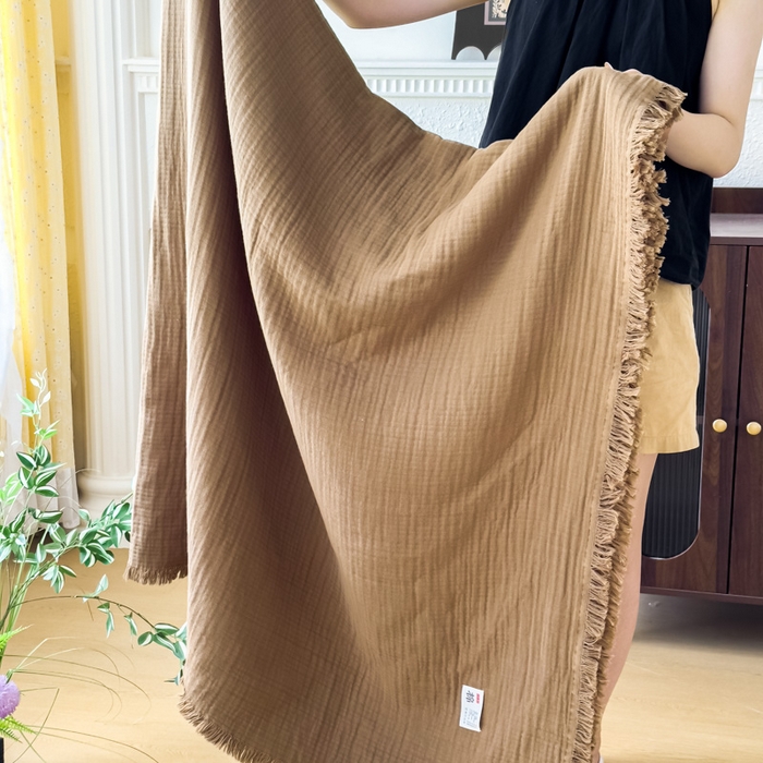 91家纺网 家纺一手货源 找家纺 悦然毛巾被 2025新款全棉纯棉四层纱布流苏毯毛巾被 意境系列 意境-咖