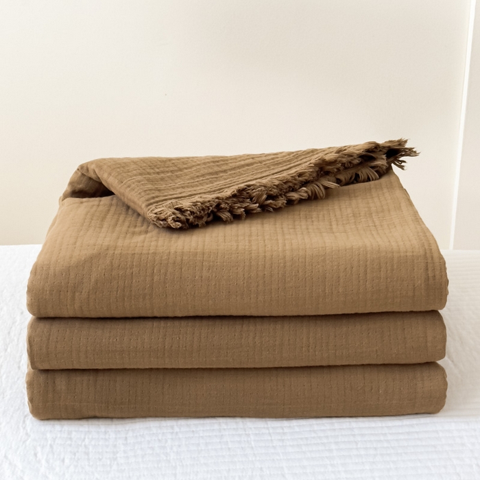 91家纺网 家纺一手货源 找家纺 悦然毛巾被 2025新款全棉纯棉四层纱布流苏毯毛巾被 意境系列 意境-咖