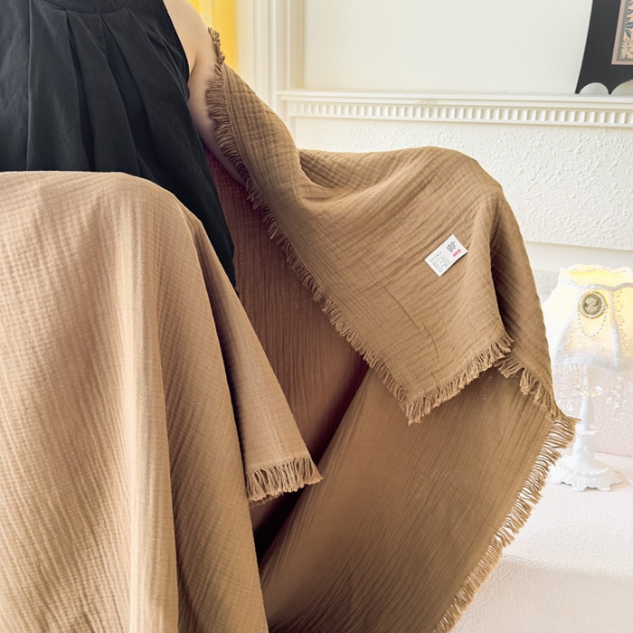 91家纺网 家纺一手货源 找家纺 悦然毛巾被 2025新款全棉纯棉四层纱布流苏毯毛巾被 意境系列 意境-咖