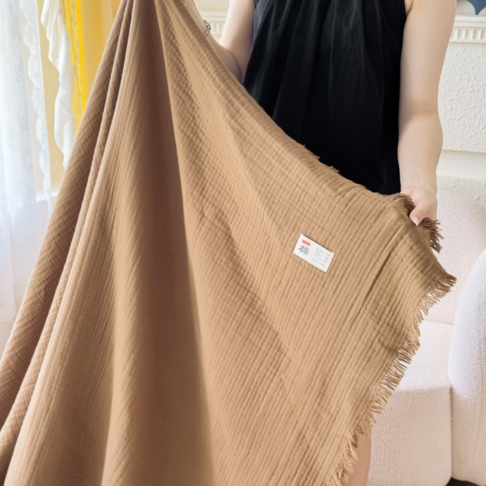 91家纺网 家纺一手货源 找家纺 悦然毛巾被 2025新款全棉纯棉四层纱布流苏毯毛巾被 意境系列 意境-咖