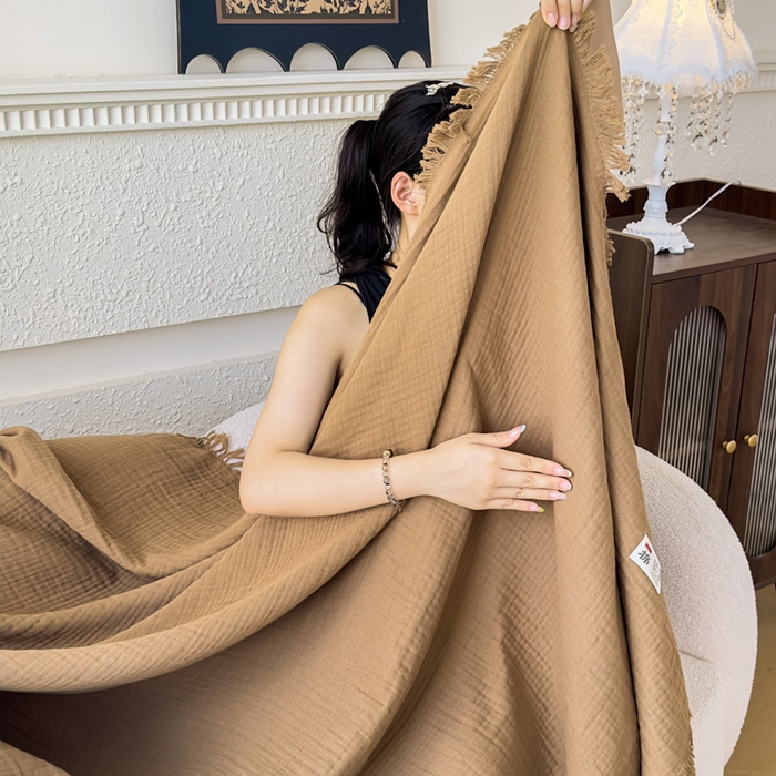 91家纺网 家纺一手货源 找家纺 悦然毛巾被 2025新款全棉纯棉四层纱布流苏毯毛巾被 意境系列 意境-咖