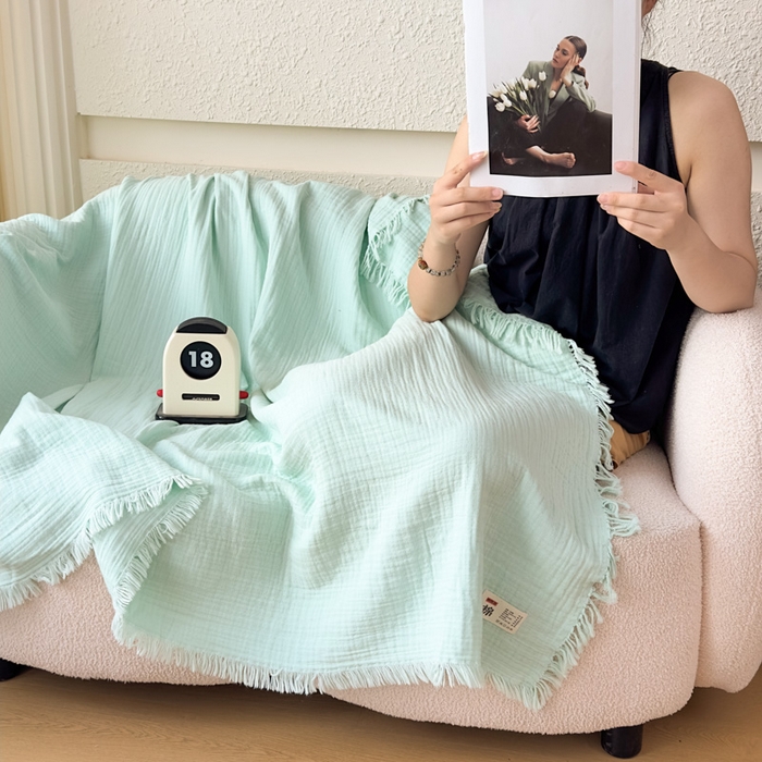 悦然毛巾被 2025新款全棉纯棉四层纱布流苏毯毛巾被 意境系列 意境-绿