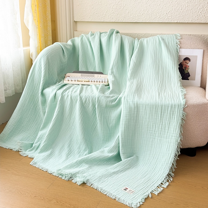 91家纺网 家纺一手货源 找家纺 悦然毛巾被 2025新款全棉纯棉四层纱布流苏毯毛巾被 意境系列 意境-绿