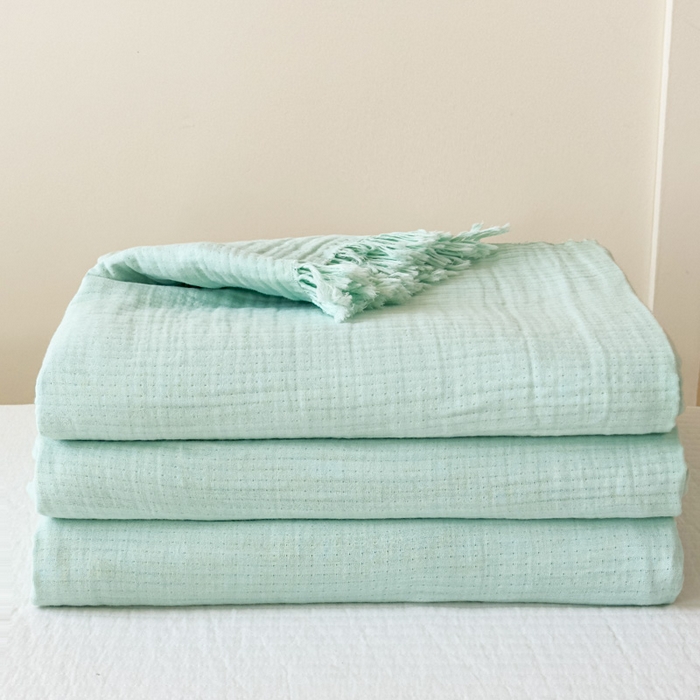 91家纺网 家纺一手货源 找家纺 悦然毛巾被 2025新款全棉纯棉四层纱布流苏毯毛巾被 意境系列 意境-绿