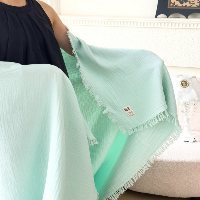 91家纺网 家纺一手货源 找家纺 悦然毛巾被 2025新款全棉纯棉四层纱布流苏毯毛巾被 意境系列 意境-绿