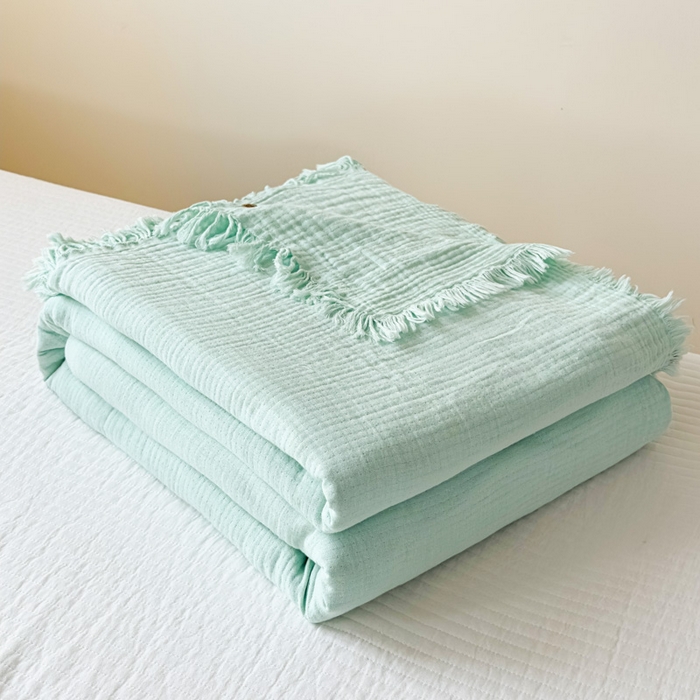 91家纺网 家纺一手货源 找家纺 悦然毛巾被 2025新款全棉纯棉四层纱布流苏毯毛巾被 意境系列 意境-绿