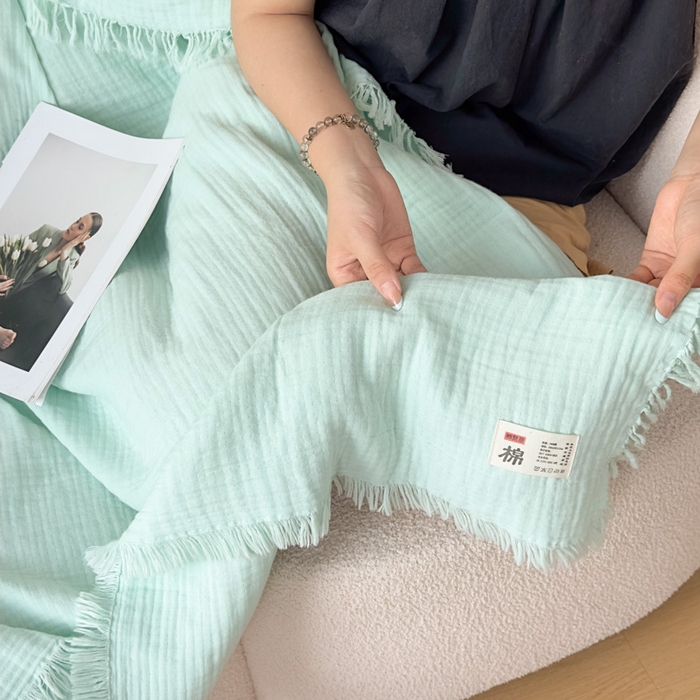 91家纺网 家纺一手货源 找家纺 悦然毛巾被 2025新款全棉纯棉四层纱布流苏毯毛巾被 意境系列 意境-绿