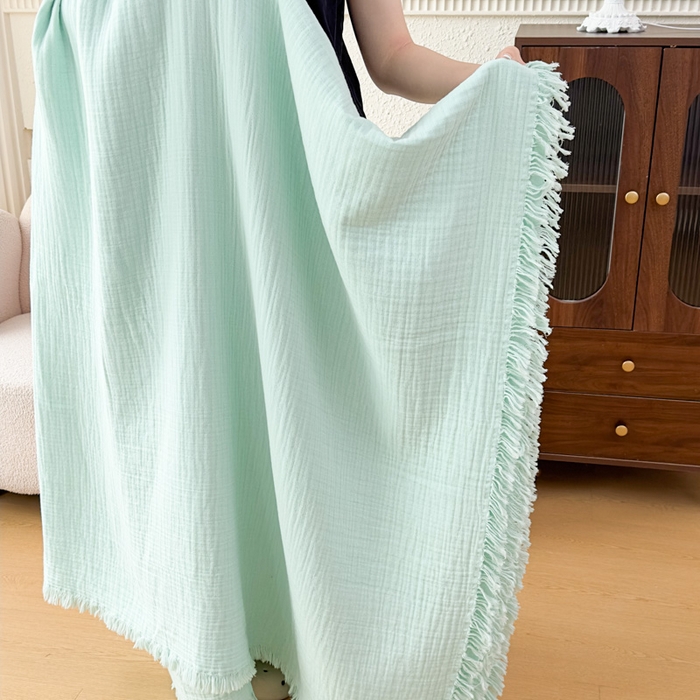 91家纺网 家纺一手货源 找家纺 悦然毛巾被 2025新款全棉纯棉四层纱布流苏毯毛巾被 意境系列 意境-绿