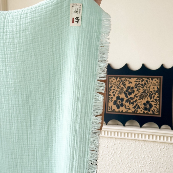 91家纺网 家纺一手货源 找家纺 悦然毛巾被 2025新款全棉纯棉四层纱布流苏毯毛巾被 意境系列 意境-绿